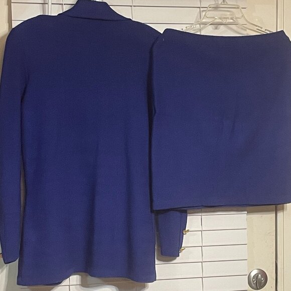 Vtg Blue STEVE FABRIKANT Santana Knit Wool Blend GOLD BUTTONS 2pc SKIRT SUIT PM! - Picture 2 of 6